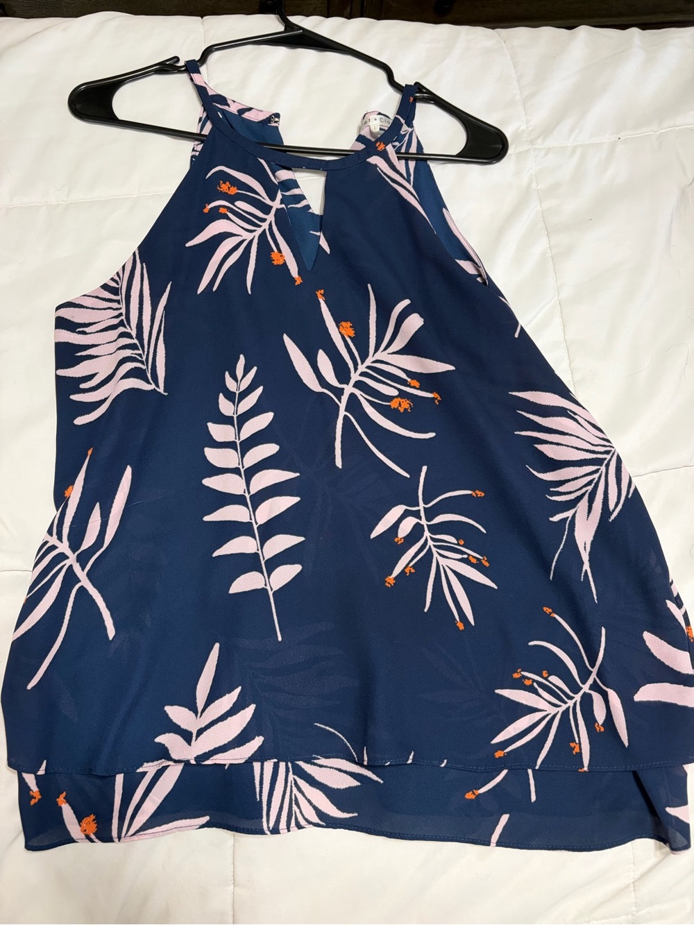 Violet & Claire Navy Halter Camisole with Pink Leaf Print